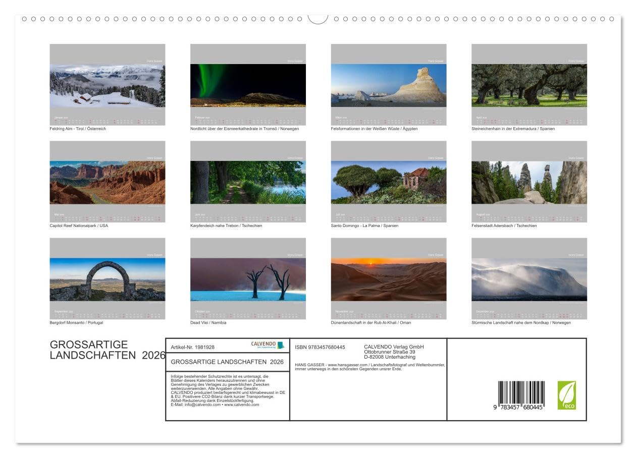 GROSSARTIGE LANDSCHAFTEN 2026 (hochwertiger Premium Wandkalender 2026 DIN A2 quer), Kunstdruck in Hochglanz: Panoramakalender von den schönsten Gegenden unserer Erde (CALVENDO Natur)