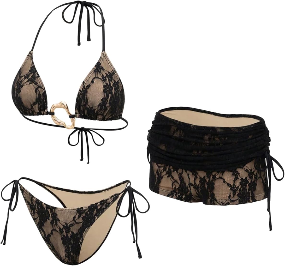 Verdusa Women's 3 Piece Bikini Sets Floral Lace Halter Self Tie Swimsuits with Cover Up Shorts - Image 6