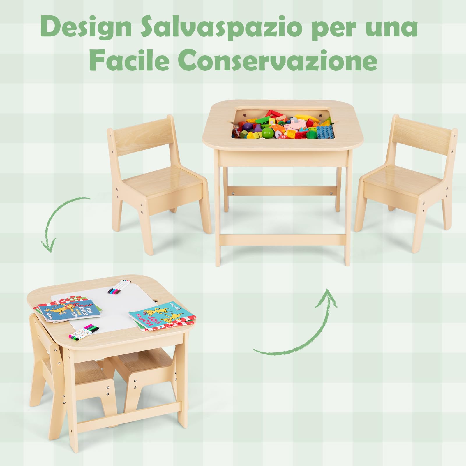 RELAX4LIFE Set Tavolo e 2 Sedie per Bambini, con Lavagna a Doppia Faccia e Spazio per Giocattoli, Tavolino Multiattività in Legno con 2 Sedie per Bambini da 3-6 Anni, per Cameretta (Naturale)