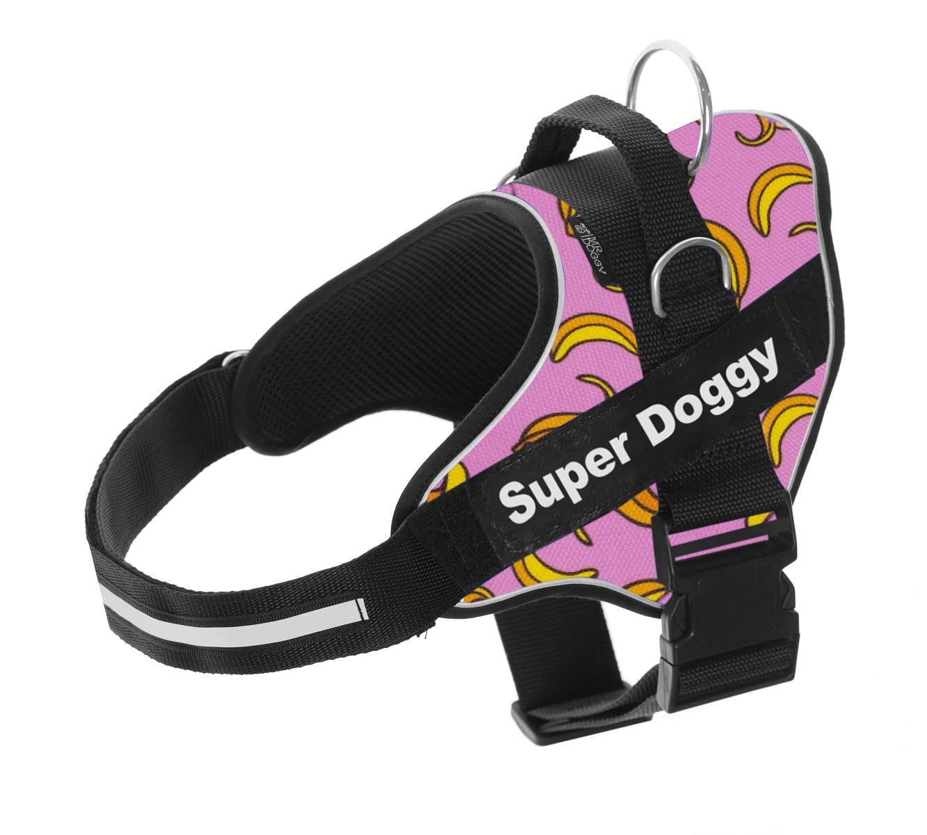 MR. DOGGY Personalized Dog Harness, Reflective & Durable, Includes 2 Custom Name Patches, Adjustable Harness for Small to Large Dogs (Pink Bananas, XL Chest 28-37in)