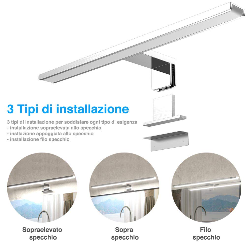 BAKAJI Lampada da Specchio Bagno Applique Parete Muro Lunghezza 60cm Luce LED 12W 960lm Risparmio Energetico Bianco Freddo 6500K Design Moderno in Alluminio Cromato 3 Tipi di Installazione
