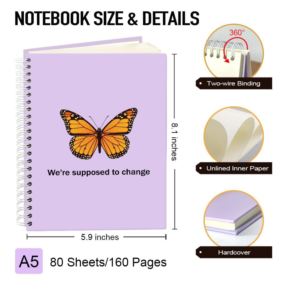 Msticey We're Supposed To Change Spiralnotizbuch, 160 leere Seiten, Hardcover, niedliches Schmetterlings-Notizbuch, Geschenke für Frauen, Kollegen, Freunde, Manager, Schwester, Wertschätzungsgeschenke