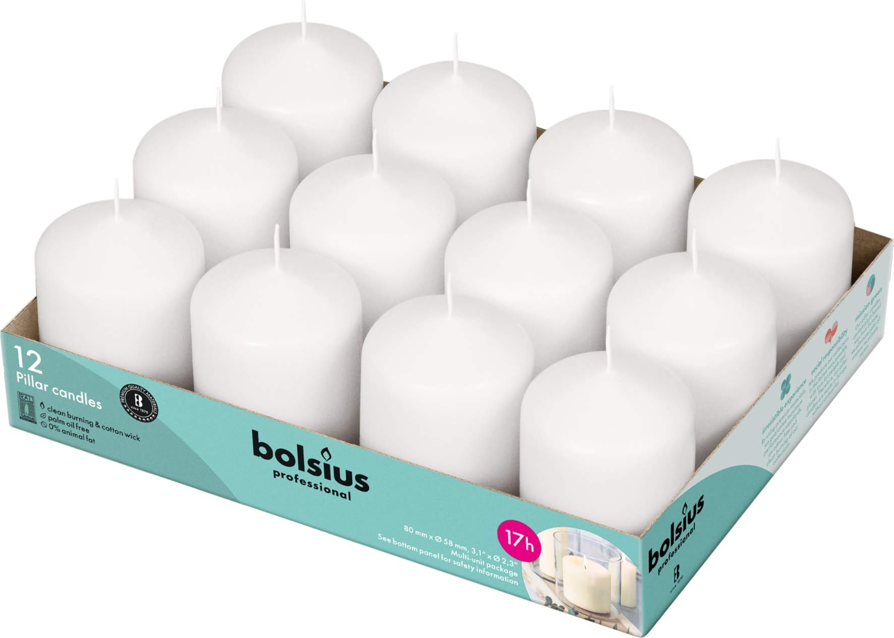 12 White Pillar Candles Bulk - 2.3 x 3 inch Candle Set - 17 Hours Clean Burning - No Palm Oil - 0% Animal Fat - Premium European Quality - Wedding, Party, Dinner & Emergency Candles