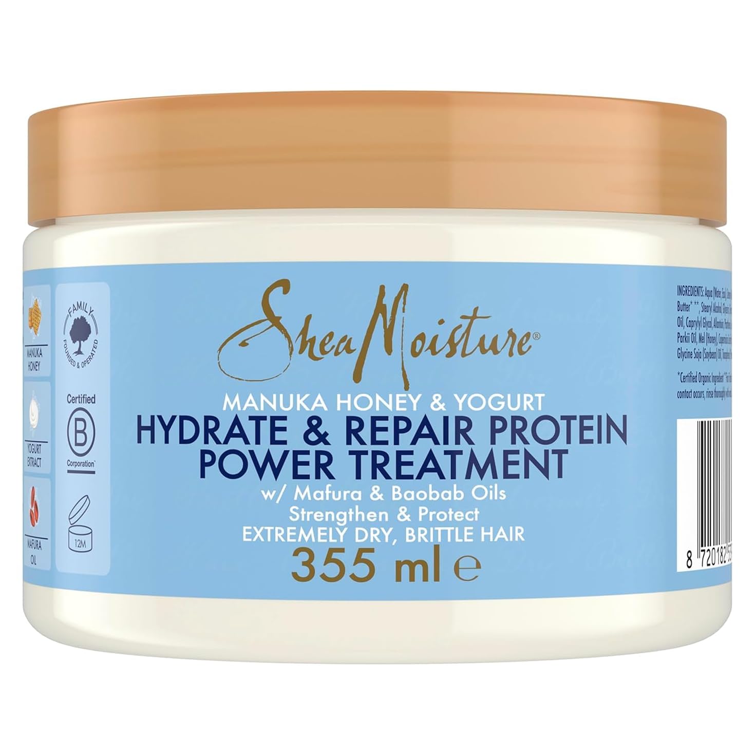 SheaMoisture Hydrate & Repair Protein Power Masque, Pour Cheveux Bouclés Secs et Abîmés, Cheveux plus Forts, Casse Réduite, Avec Miel de Manuka, Yaourt, Protéines et Beurre de Karité, 355ml