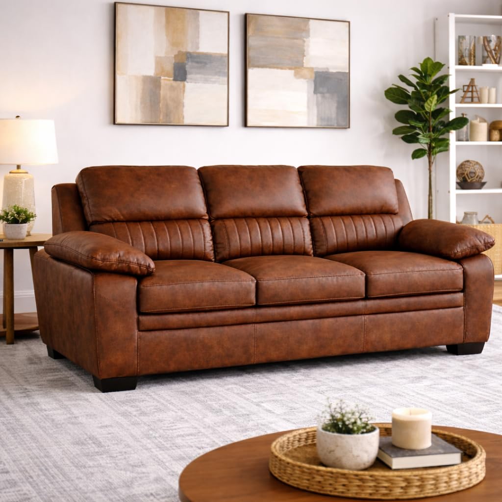 Torque Jett Premium Leatherette 3 Seater Sofa-Tan | Modern Designs Sofa 3 Seater | Leatherette 3-Person Sofas Couches for Living Room Office Guest Room-image-15