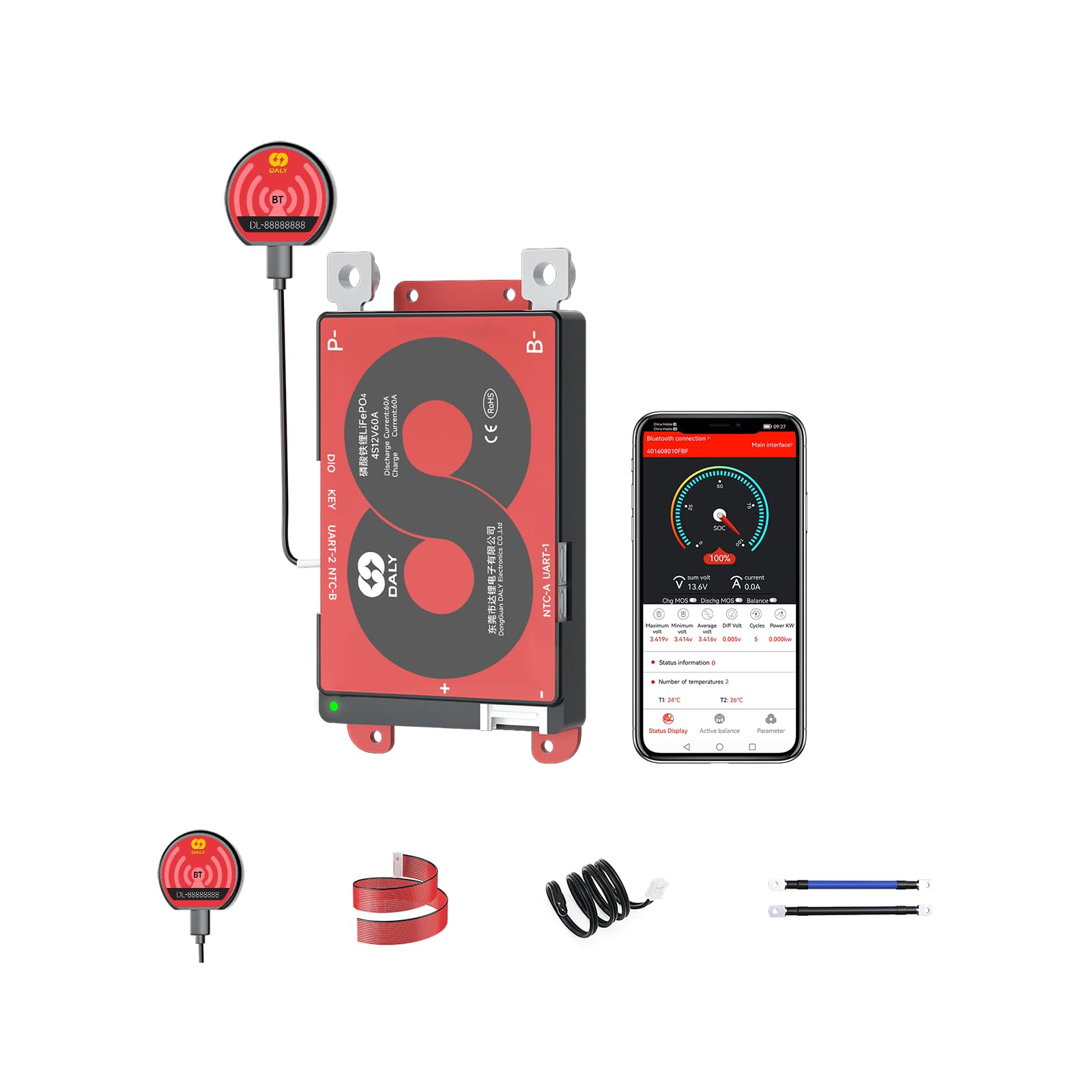 DALY Smart BMS 4S-24S 12V-72V 40A-500A mit Bluetooth-Modul, Batterieschutzplatine für LiFePO4-Akkupack (LifePO4 4S 12V 60A+BT-Modul)
