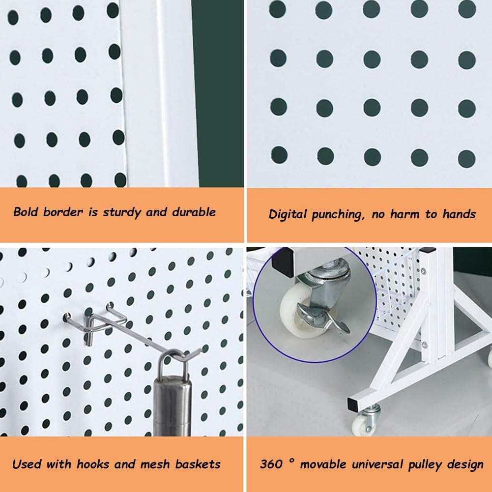 Ruchomy metalowy stojak na pegboard z solidną podstawą i kółkami stojak ekspozycyjny do rzemiosła detalicznego, dodatkowe 20 haczyków w zestawie, trwałe białe panele 60 x 120 cm dla łatwej nizacji i