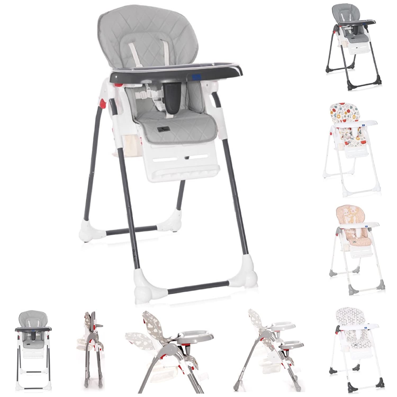 LorelliDulce Children's High Chair Adjustable Seat Height Foldable 5-Point Harness Grey
