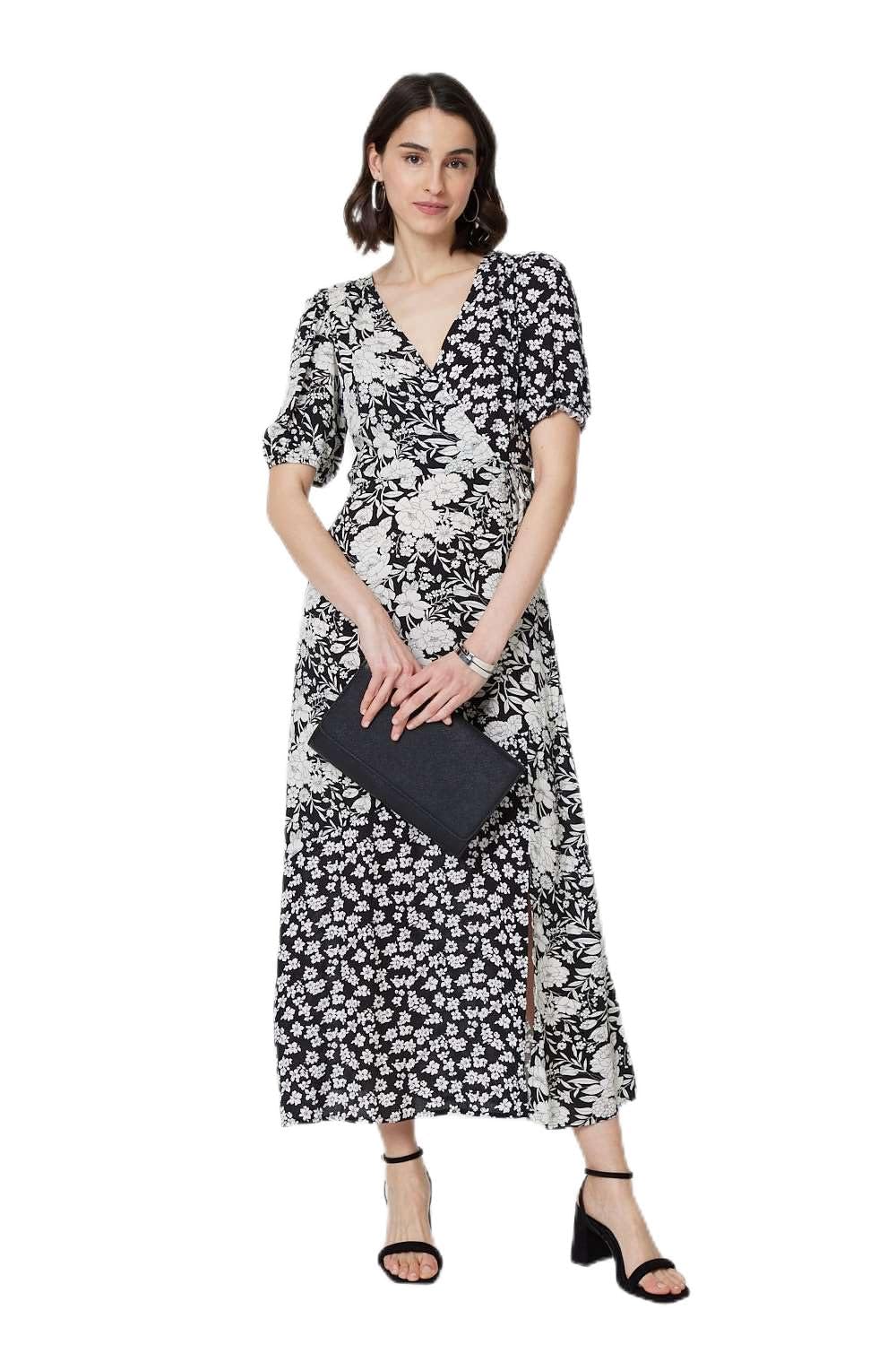 Izabel London Black/White Floral 1/2 Sleeve Midi Wrap Dress - And - 12