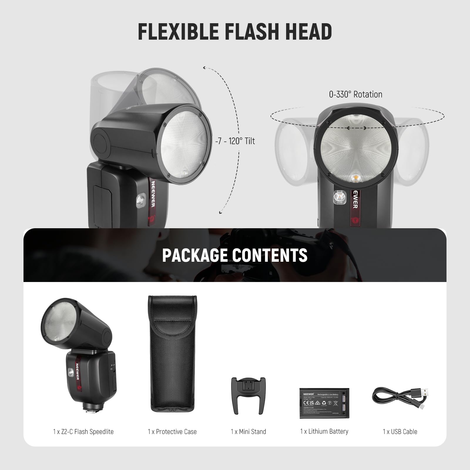 NEEWER Z2-C Flash Speedlite TTL Tête Ronde 2,4G Compatible avec Canon, Flash Speedlight HSS 1/8000s Nouvelle Interface Utilisateur, 2 Lampes Pilotes, Sélecteur TCM TTL/M,600 Flashs