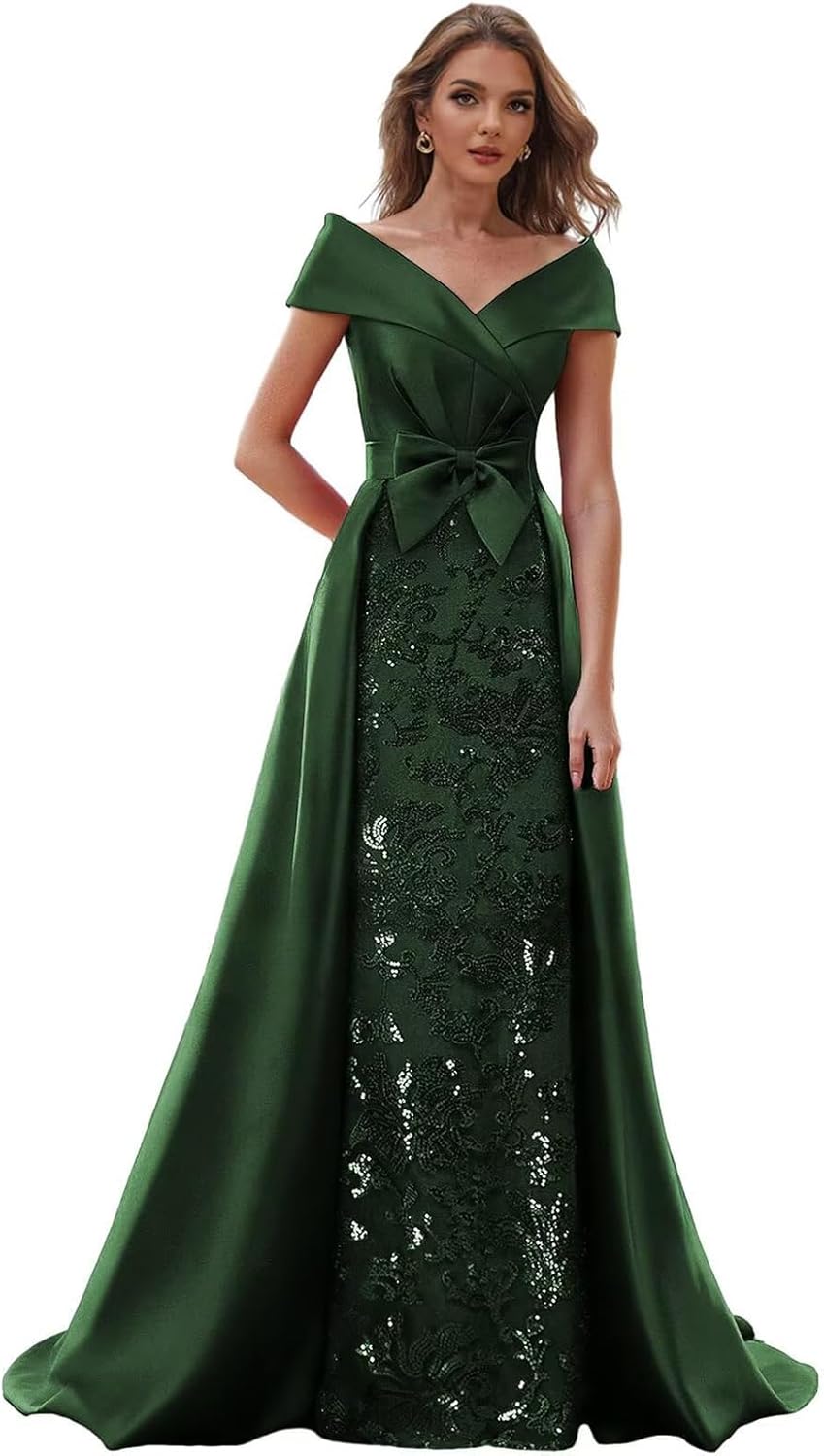 Off Shoulder V Neck Mother of The Bride Dresses for Wedding Guest - A Line Satin Sequin Lace Formal Prom Dress with Bow