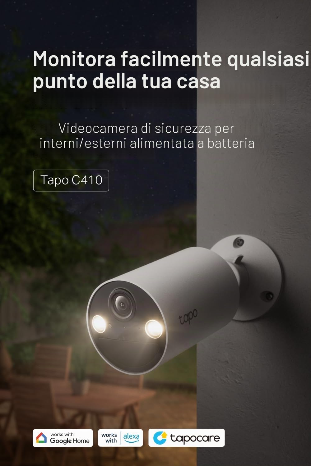 Tapo C410 2 K(3MP) - Telecamera di sorveglianza WiFi per esterni senza fili, batteria senza fili, 180 J, rilevamento persona, visione notturna a colori, IP65 impermeabile, nessun hub richiesto