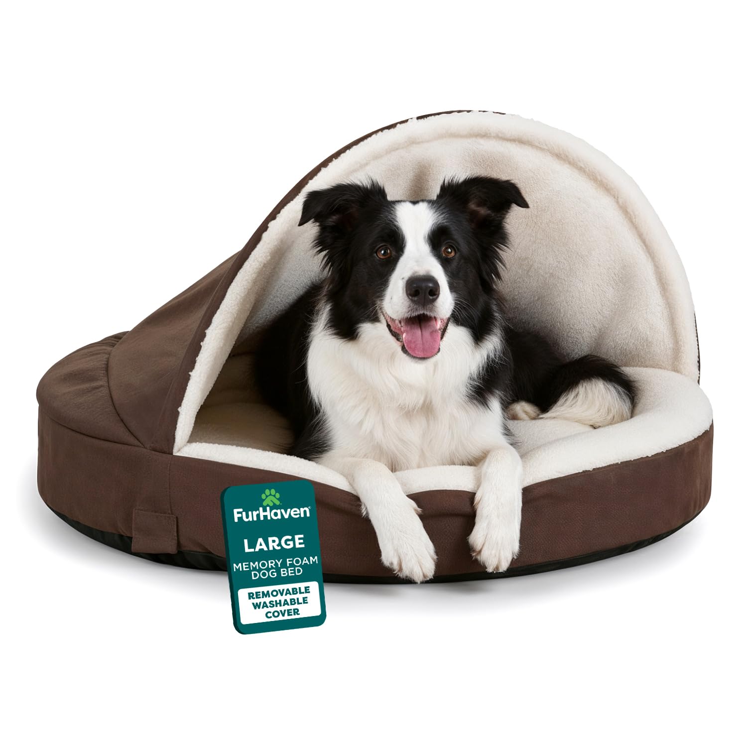 FurHaven 35" Round Memory Foam Dog Bed for Large/Medium Dogs w/Removable Washable Cover, For Dogs Up to 50 lbs - Sherpa & Suede Snuggery - Espresso, 35-inch
