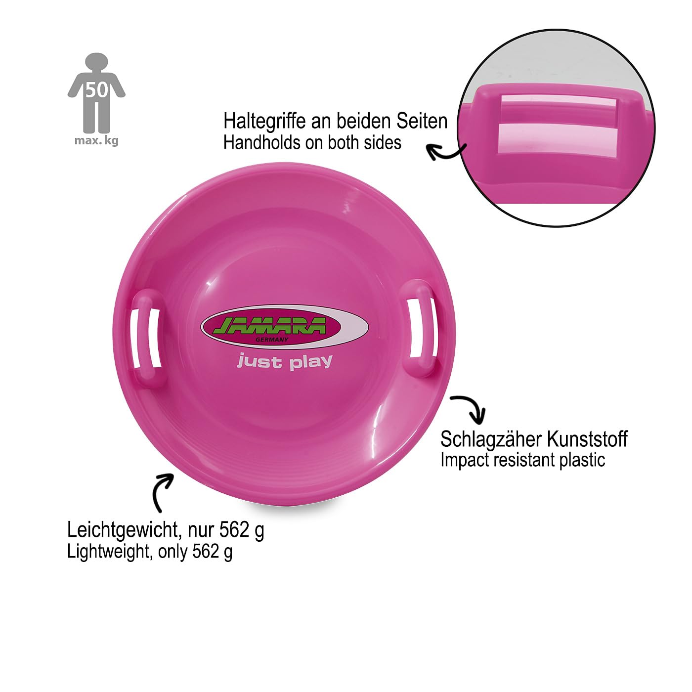 JAMARA - Snow Play Rutschteller 60cm-Haltegriffe an beiden Seiten, langlebiger, robuster Kunststoffkörper, Leichtgewicht mit Nur 555 g