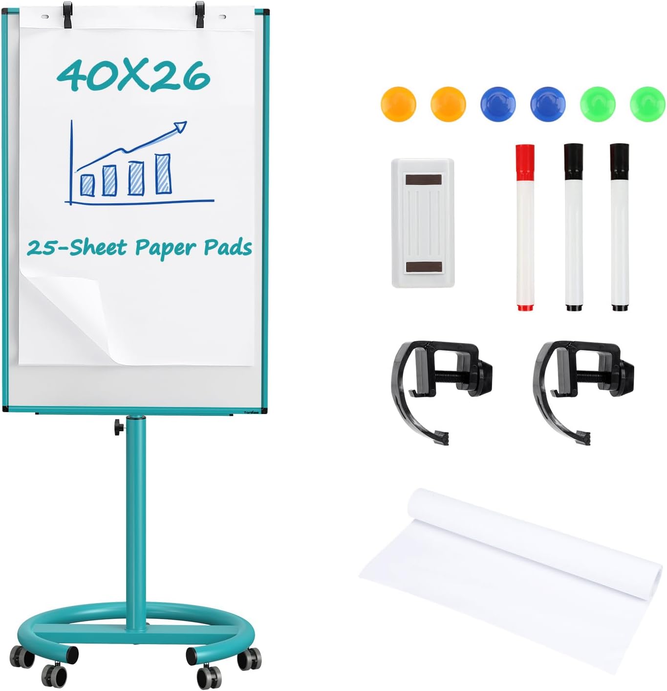 Mobile Whiteboard on Wheels, 40x26 Inches Magnetic Dry Erase Board with Stand, Standing White Board with Paper Pads, Portable Rolling Dry Erase Board for Classroom, School, Office, Home, Teacher