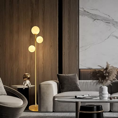 Miniatura 8 de Lámpara de pie de luna de 3 globos para sala de estar, moderna lámpara de pie dorada con impresión 3D esmerilada y bombilla LED, lámpara de pie de