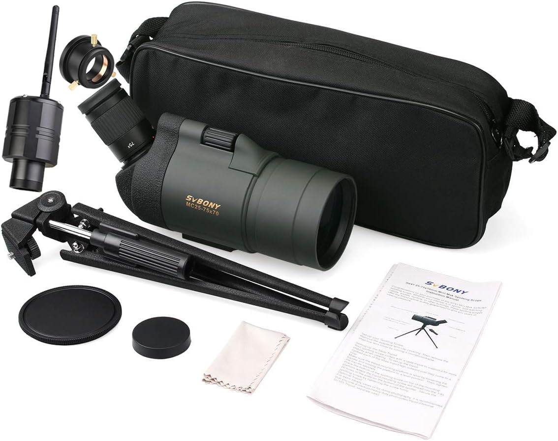 Svbony SV41 Mak Spotting Scopes z kamerą WiFi, BAK4 FMC 25-75 x 70 mm optyczny Maksutov Spotter Scope, kompaktowy Digiscoping ze statywem biurkowym SA404 Adapter do obserwacji ptaków cel
