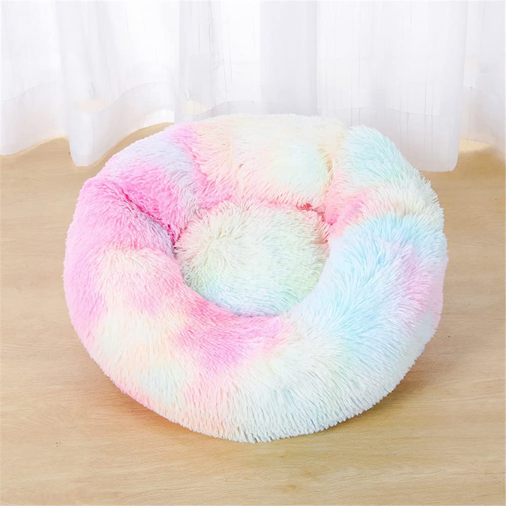 Lukery Dog Cat Donut Bed, Fluffy Plush Puppy Kitten Cuddler Round Bed, Warm and Soft Pet Cosy Anti Anxiety Beds for Small/Medium/Large Dogs (90CM,Tie-dye)