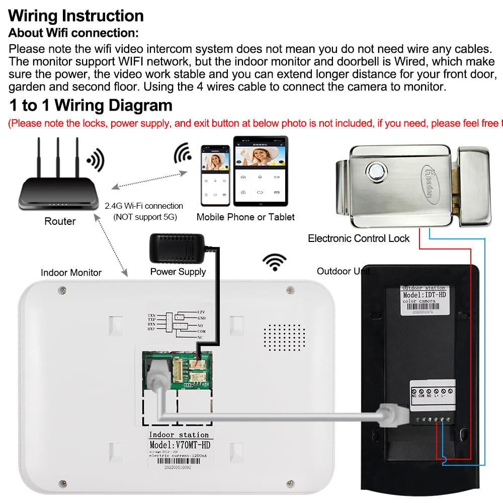 Sistema de Videoportero con Cable de 7pulgadas WiFi Monitor Interior Tuya 1080P Cámara Exterior Detección de Movimiento Visión Nocturna Audio Bidireccional