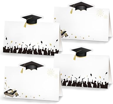 KALEFO 40 Pcs Graduation Place Tent Cards Seating Name Cards with Cap and Book Design Food Labels for Buffet Table Party Decorations