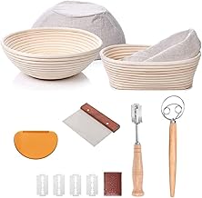Bread Proofing Basket Set Of 2 Round and Oval, Banneton Proofing Basket + Danish Dough Whisk + Bread Scoring Lame + Stainless Steel Dough Scraper + Flexible Scraper, Sourdough Tools Kit, Baking Gifts