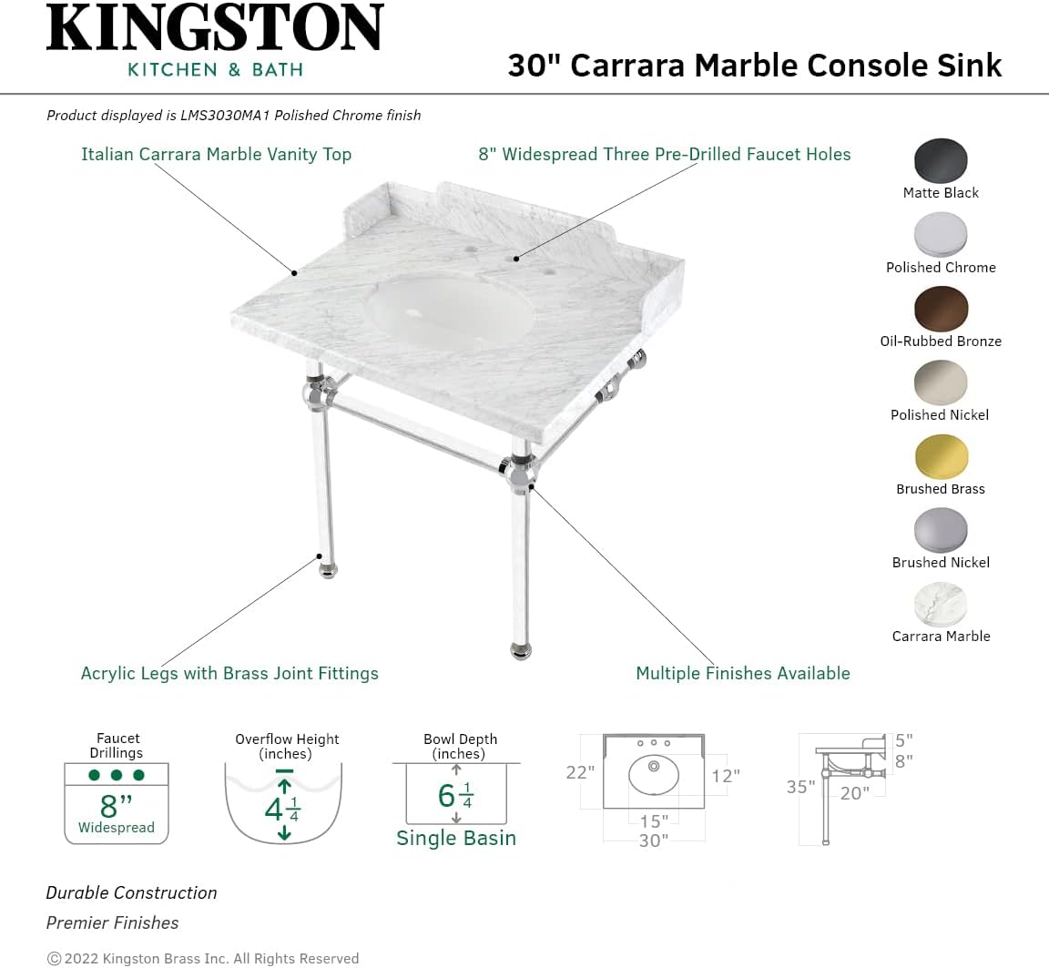 Kingston Brass LMS3030MA7 Pemberton 30" Carrara Marble Console Sink with Acrylic Legs, Marble White/Brushed Brass
