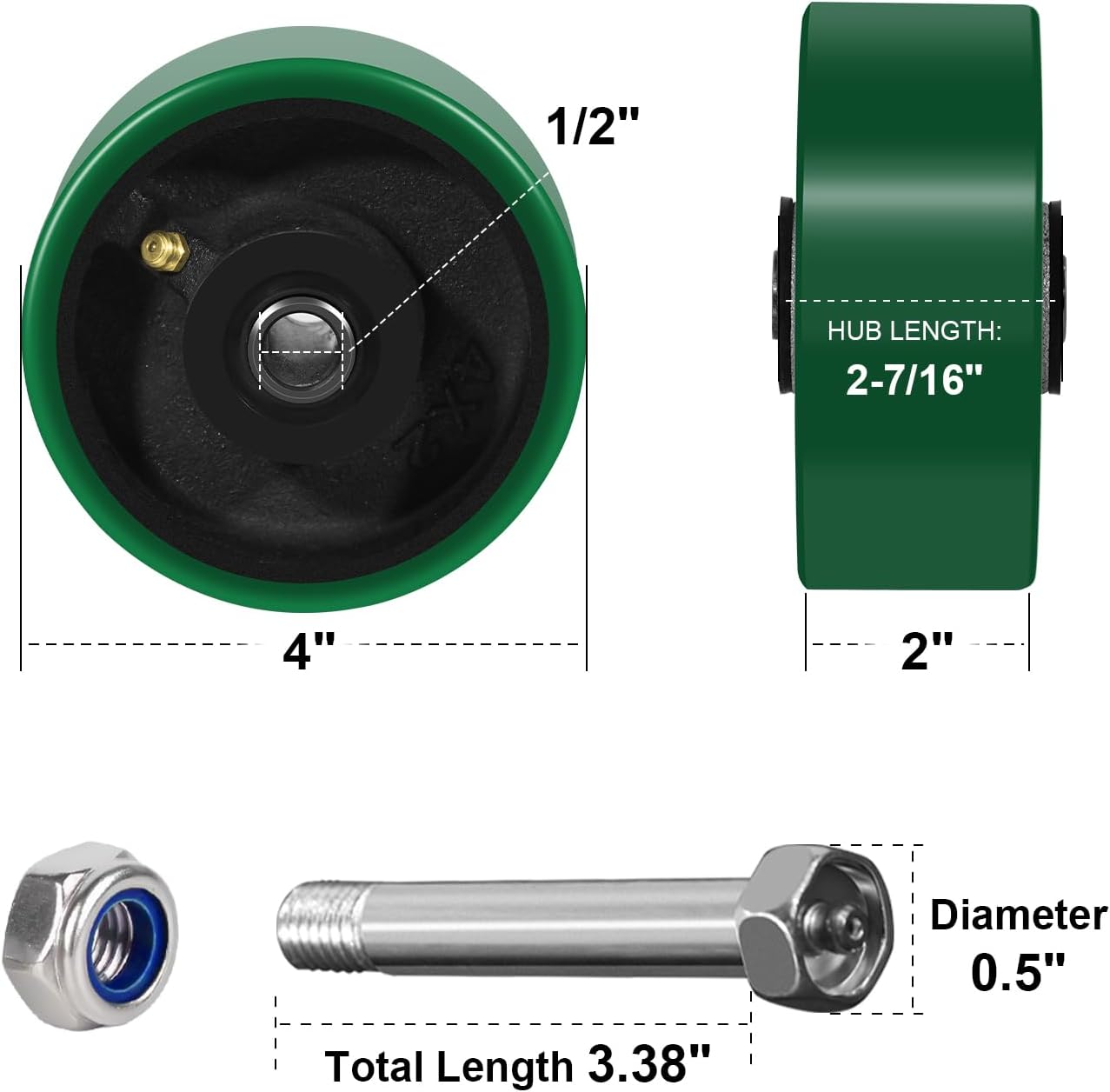 4" x 2" Caster Wheels, Heavy Duty Industrial Wheels, Polyurethane on Cast Iron Wheel, Set of 4 Replacement Wheels for Cart Toolbox (4 Wheel, Green)