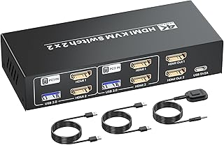 HDMI KVM Switch 2 Monitores 2 Ordenadores, 4K/60Hz USB 3.0 Dual Monitores KVM Switch para 2 PC para compartir dos monitore…