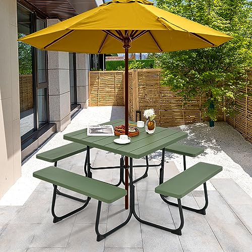 Image of Tangkula 8 Person Picnic Table, Outdoor Square Picnic Table with 4 Built-in Benches, Umbrella Hole, Metal Frame & HDPE Tabletop, Outside Table and Bench Set for Backyard, 2300lbs Weight Capacity
