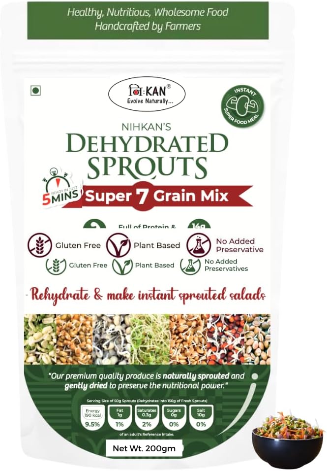 NIHKAN Dehydrated Sprouts - 7 Grains Mix | Instant 5 min Protein Snack | Ready Sprouted seeds| Natural Plant Superfood - 28g Protein per 100g | Dehydrated - 200 g