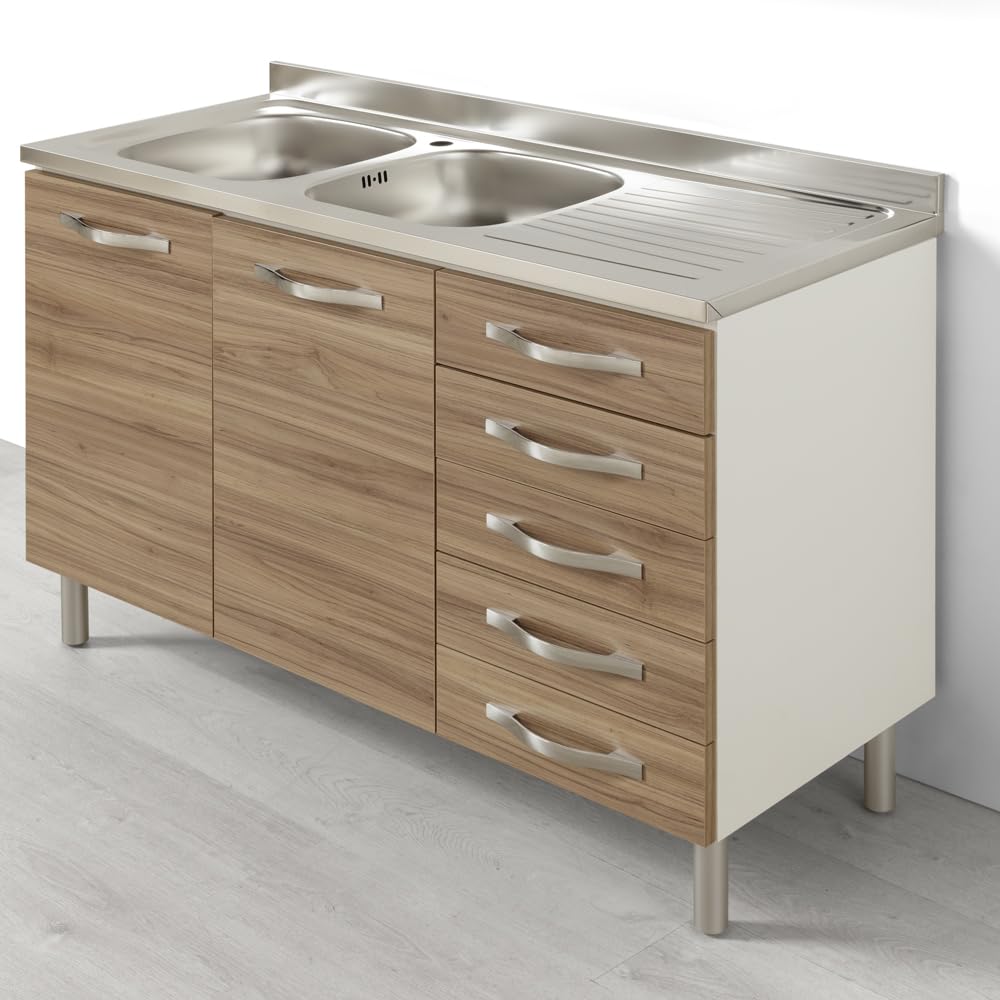 REDÒKASA Sotto lavello per cucina componibile da 120 cm con due ante e 4 cassetti (+1 estetico) linea MAKA, realizzata in legno 100% MADE IN ITALY (Con lavello Vasche a Sinistra, Noce)