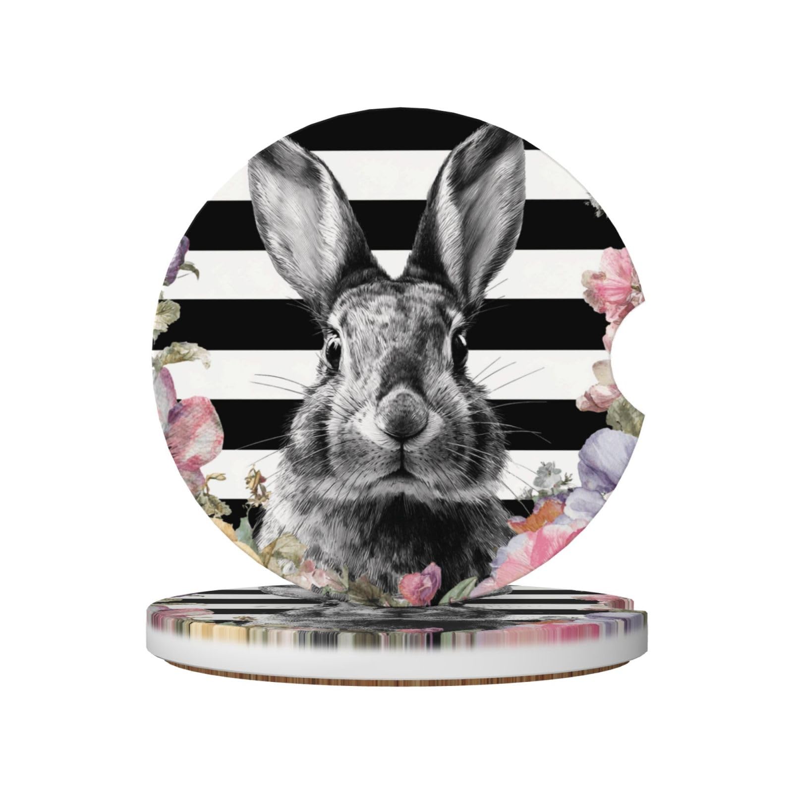 Bunny Wild Flowers Black White Stripe Ceramic Coasters,2pcs