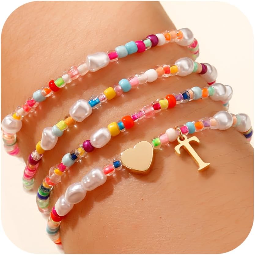 Valentines Day Gifts for Kids Her - 4PCS Gold Stretchable Boho Colorful Beaded Pearl Heart Initial Bracelets for Women Teen Girl Gifts Trendy Stuff Cute Stackable Kids Jewelry Birthday Gifts