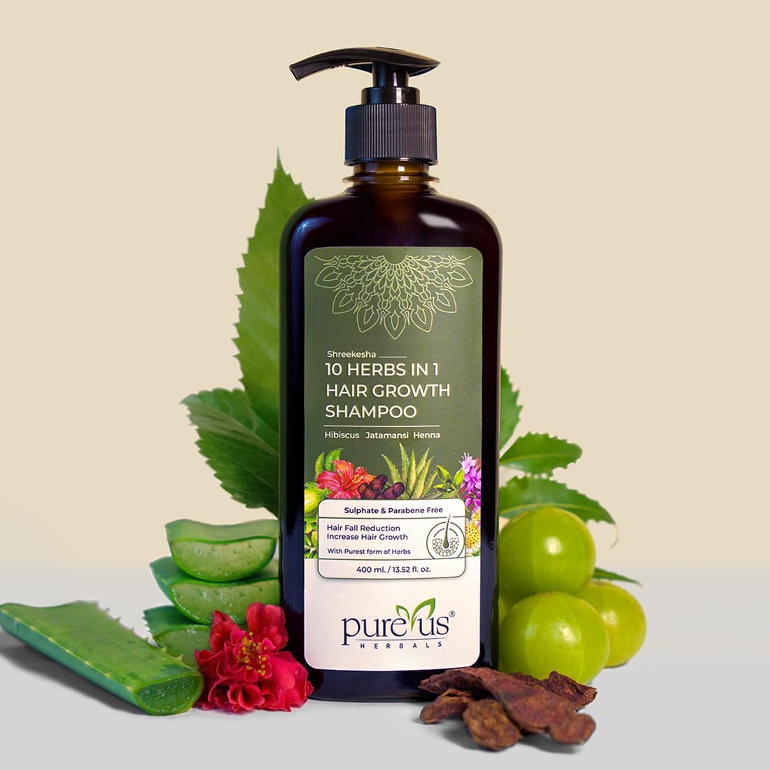 PUREUS Khadi Herbals Shreekesha 10 Herbs in 1 Shampoo for damage control, hair fall, Healthy Scalp, Anti Dandruff & Dry Frizzy hair | Herbal Hair Cleanser with Ayurvedic properties & Pure Powerful Na