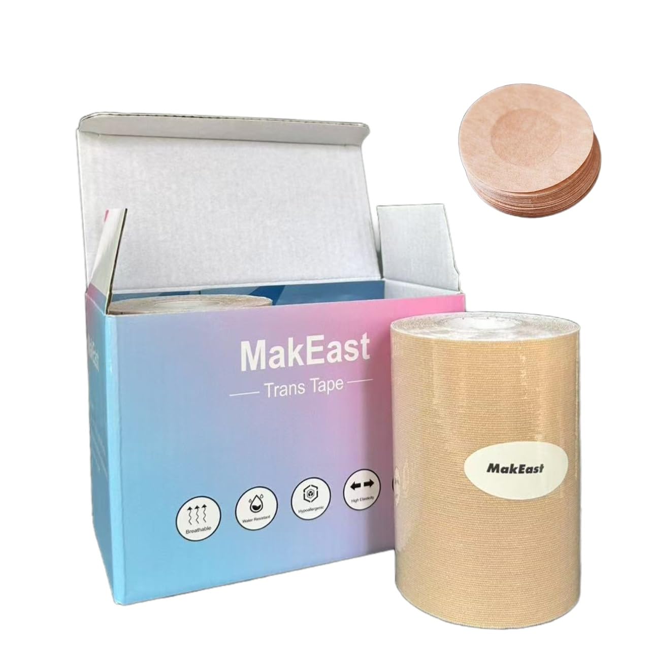 MakEast 2 Rolls Trans Tape for Transitioning Extra Wide Chest Binding Tape Latex Free FTM Chest Binder with Nipple Covers Ultra Sticky Waterproof & Flexible 4 in X 16.5 ft ()