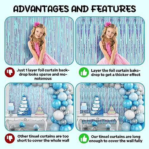 Image of Voircoloria 2 Pack 3.3x8.2 Feet Neon Iridescent Foil Fringe Backdrop Curtains, Tinsel Streamers Birthday Party Decorations, Fringe Backdrop for Graduation, Baby Shower, Gender Reveal, Disco Party