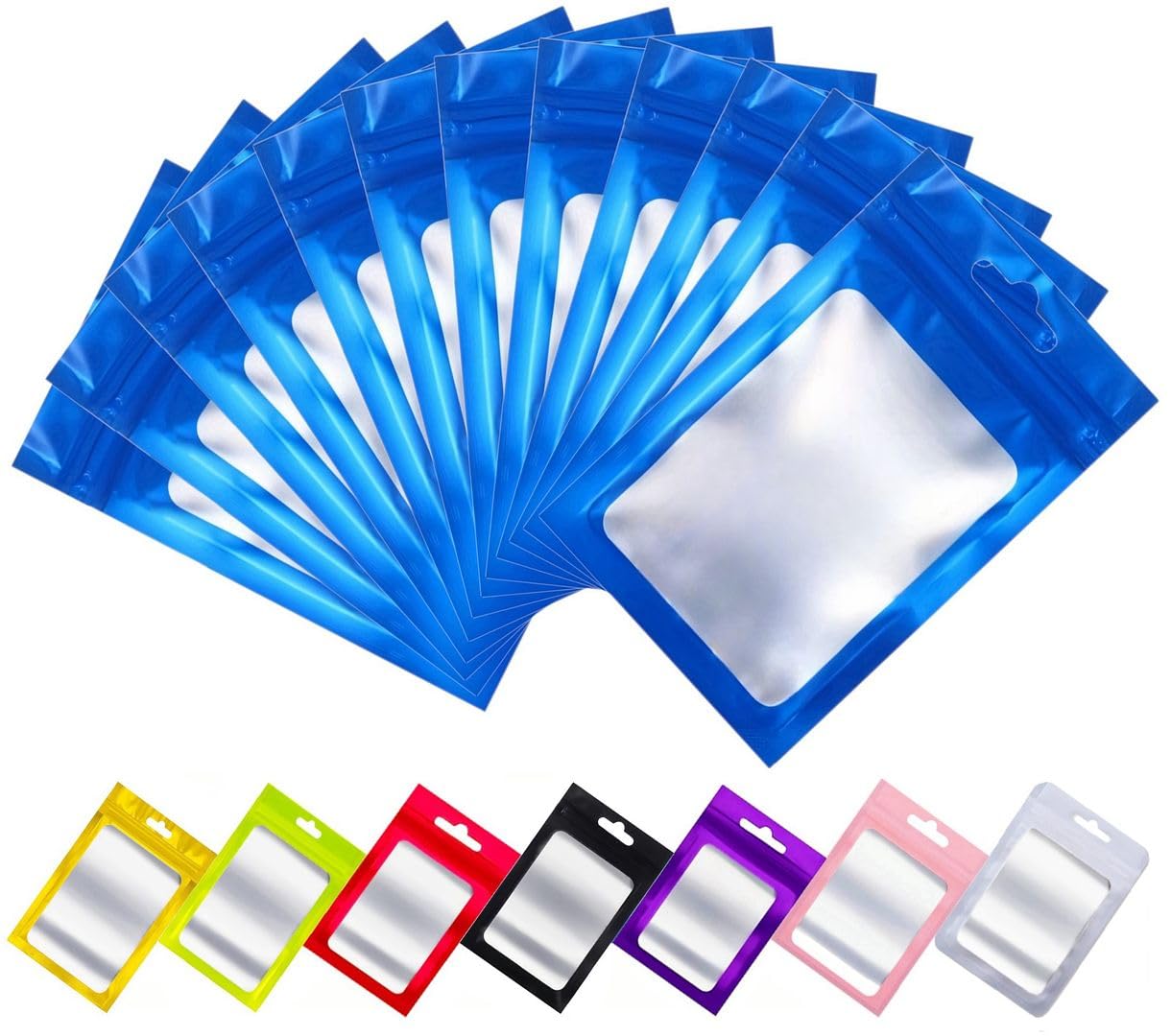 Rimiko Blue 150Pcs Resealable Sample Bags With Clear Window, Ziplock Mylar Bags With Hanging Hole, Aluminum Foil Bags For Packaging, Retail, Food And Items Storage (, 3.1"X5.1")