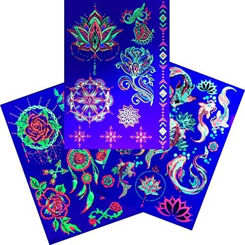 Temporary Tattoos â€“ 3 Sheets Tattoo Design Body Art Blacklight Reactive Light Festival Accessories Glow in the Dark Party Supplies | 7.2â€ x 5.2â€ Temp Tattoos Great for EDM EDC Party Rave Parties