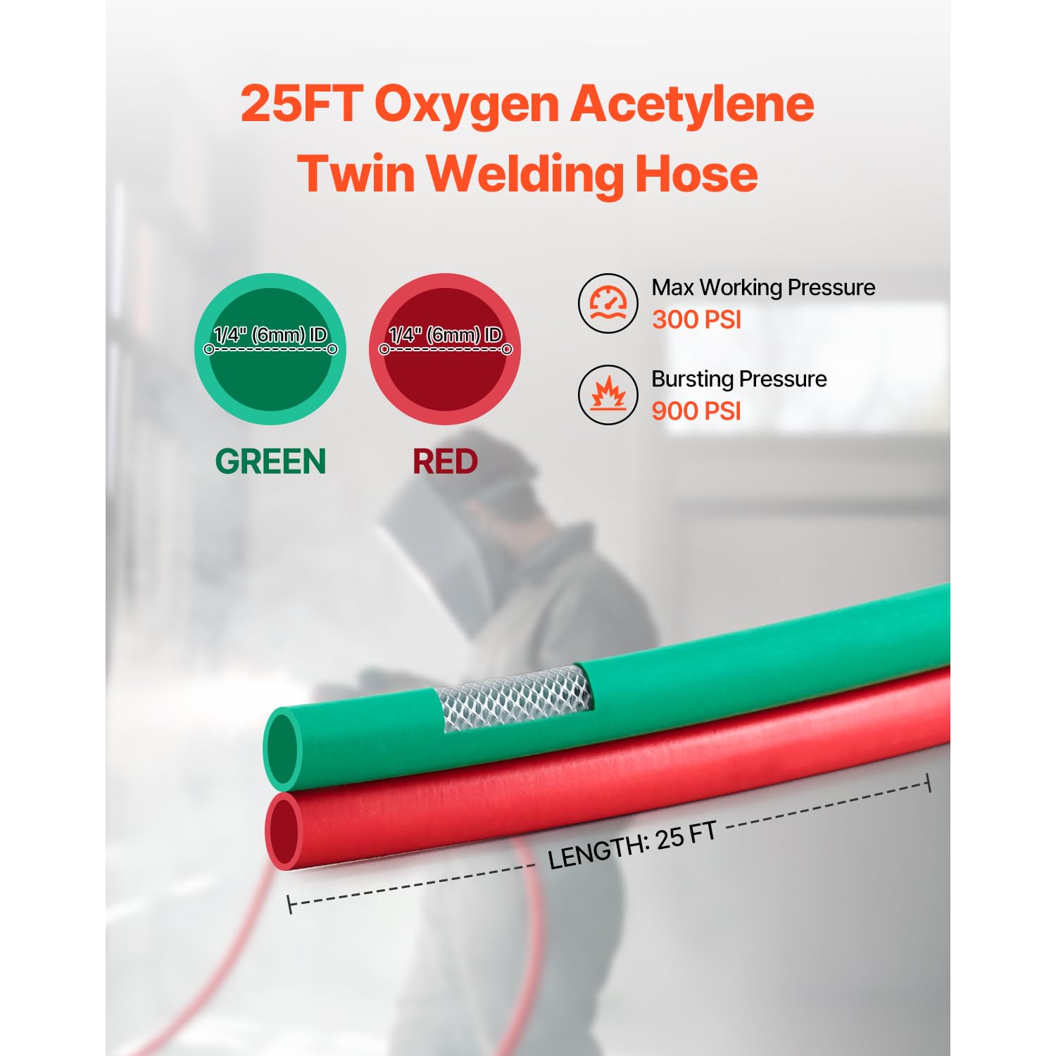 Happybuy Oxygen Acetylene Hose, 1/4-Inch x 25FT Oxy Acetylene Hose with 9/16