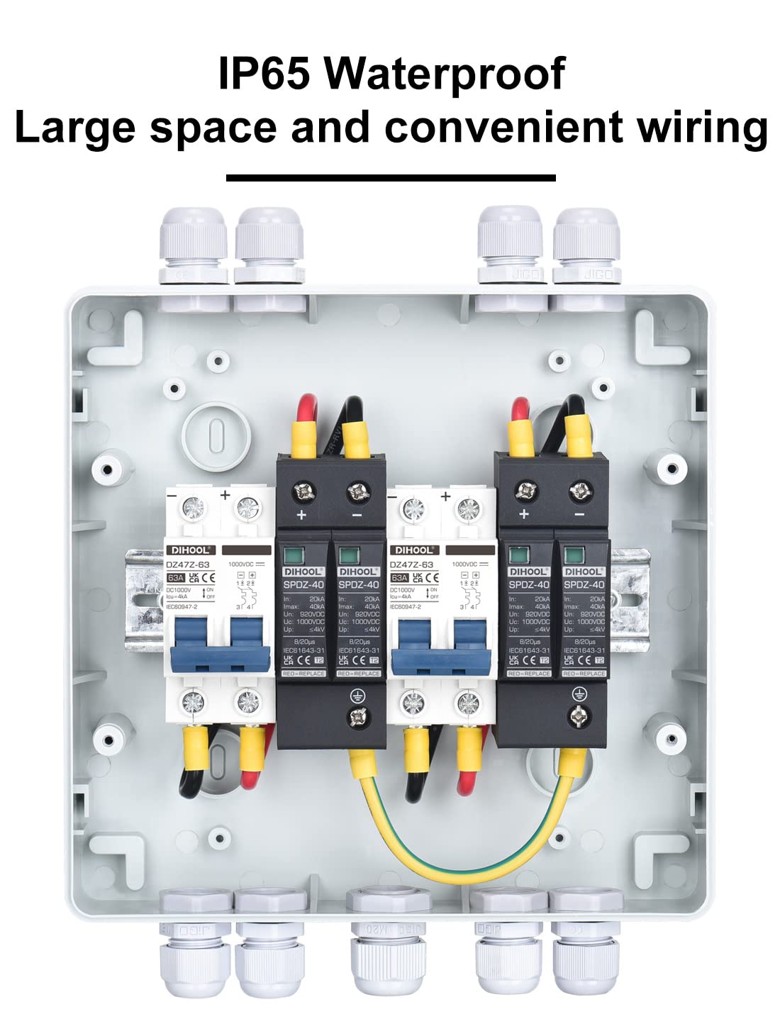 DIHOOL DC Disconnect Switch Box with PV Surge Protector, Solar Circuit Breaker, 40 Amp DC1000V 2 String 2 in 2 Out - Image 4