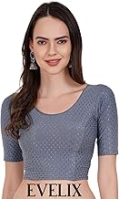 EVELIX Round Neck Dobby Cotton Lycra Stretchable Elbow Sleeve Readymade Saree Blouse for Women Stylish Design