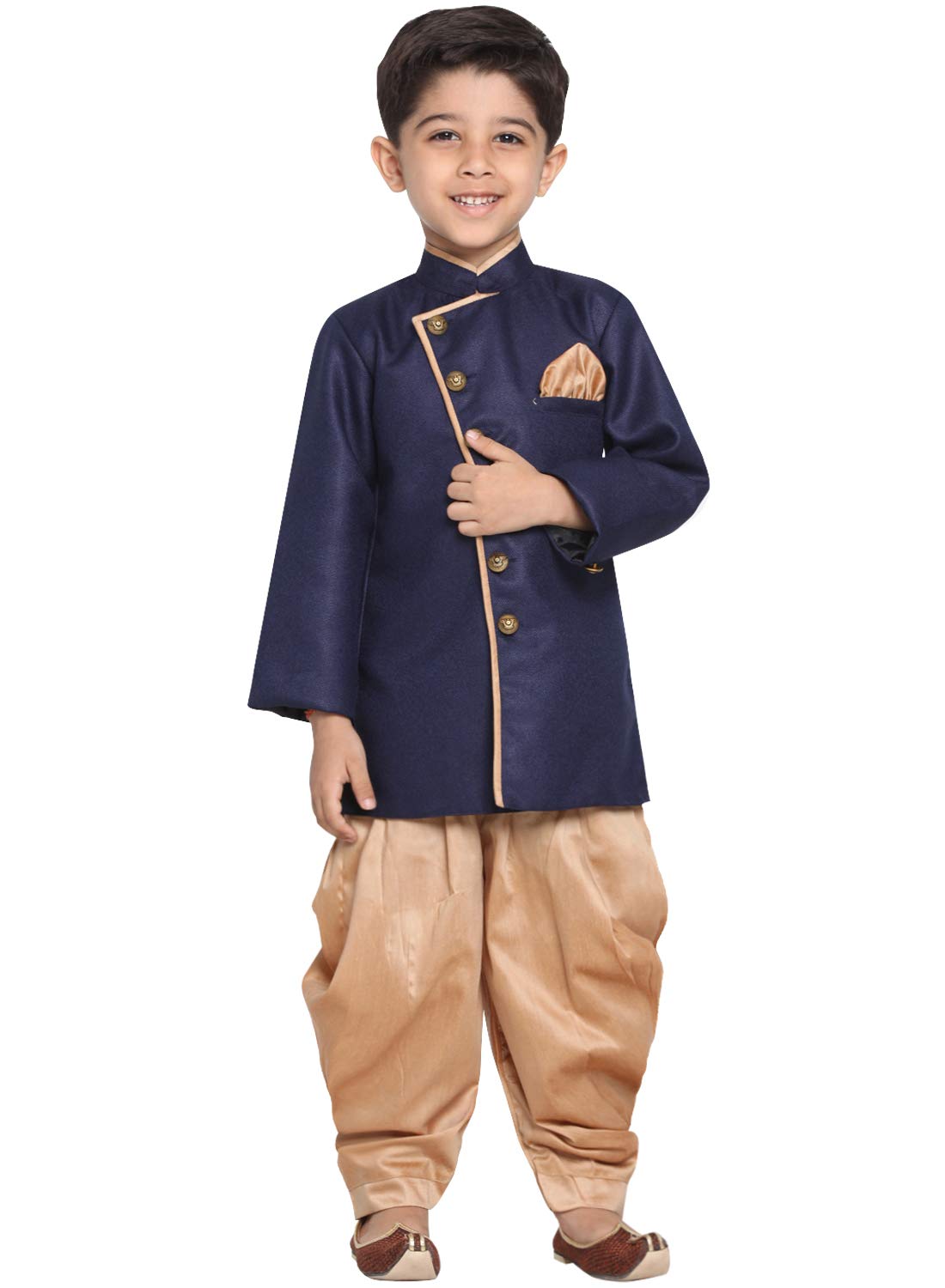 Jbn Creation Boys' Navy Blue And Rose Gold Cotton Blend Sherwani And Dhoti Pant Set_Jbnbciw124Nbncdrg_14