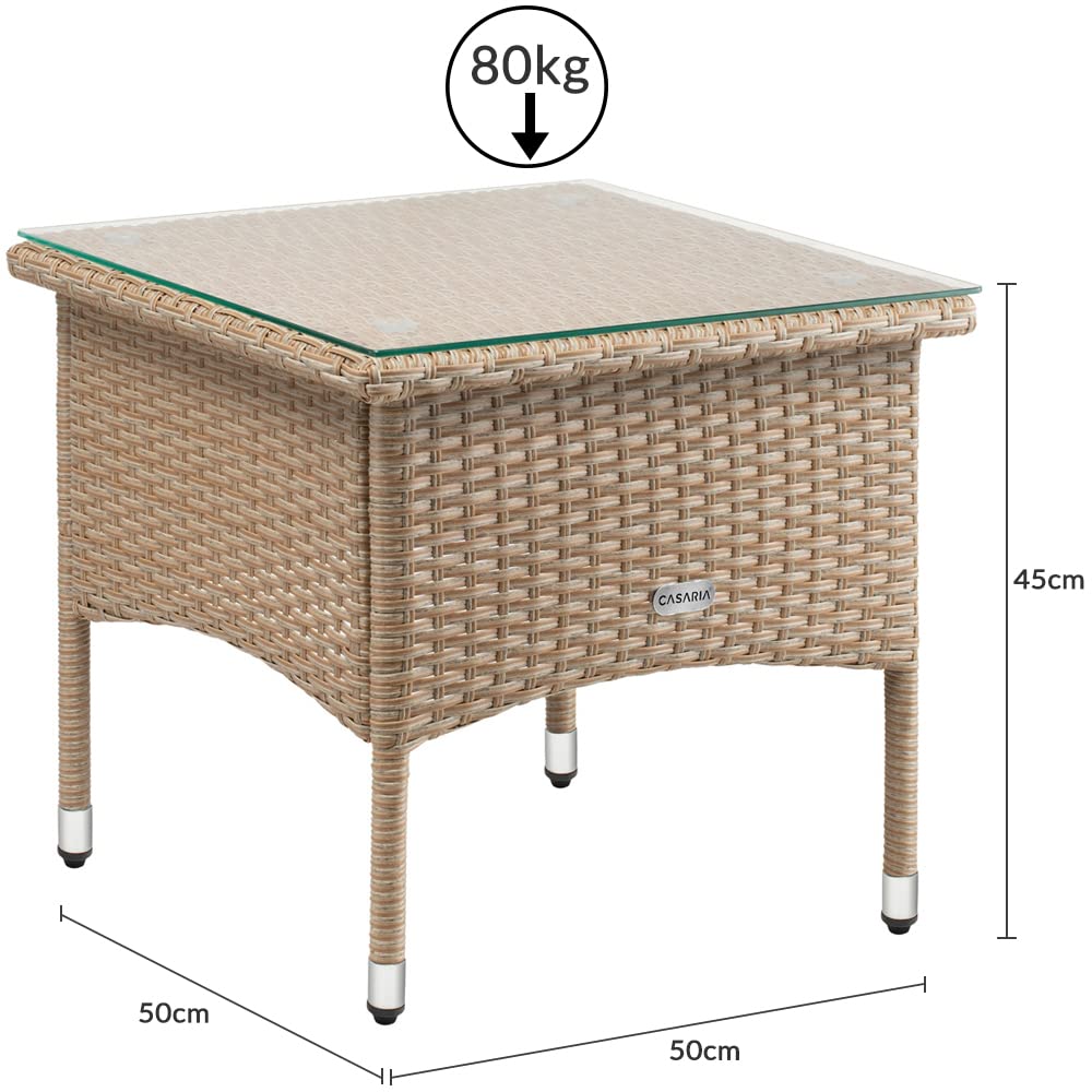 CASARIA® Mesita de Centro Poliratán 50x50x45cm Carga hasta 80Kg Mesa Auxiliar Jardín Ajustable en Altura Tablero Vidrio Resistente Intemperie Crema