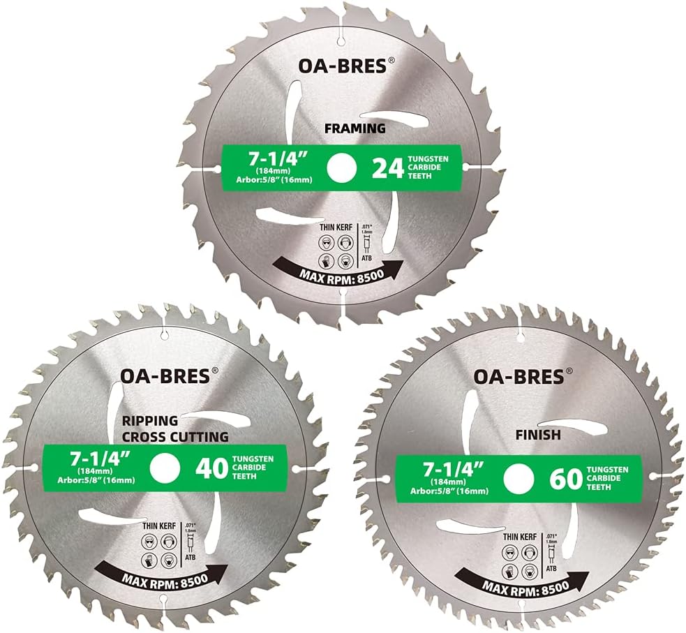 3Pack Combo 7-1/4 Inch Circular Saw Blades with 5/8" Arbor, TCT ATB 24T Framing, 40T Crosscutting, 60T Finish Saw Blade for Various Wood Cutting