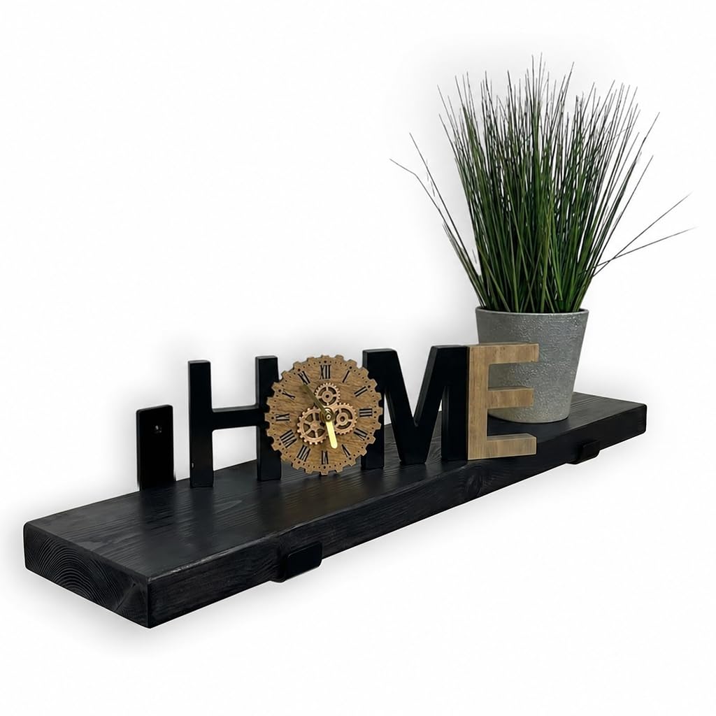 MKGT Narrow Floating Shelf – 15cm Deep Rustic Solid Wood Wall Shelf with Black Brackets – Handmade in UK for Kitchen, Bathroom, Hallway & Living Room (Black, 120cm)