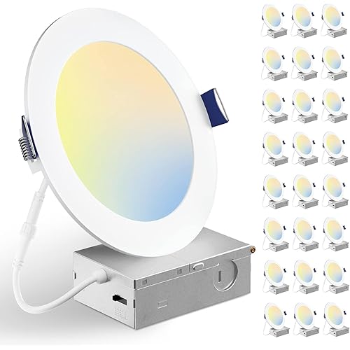 BBOUNDER 24 Pack 6 Inch 5CCT Ultra-Thin LED Recessed Ceiling Light with Junction Box, 2700K/3000K/3500K/4000K/5000K Selectable, 12W Eqv 110W, Dimmable Canless Wafer Downlight, 1050LM - ETL&FCC