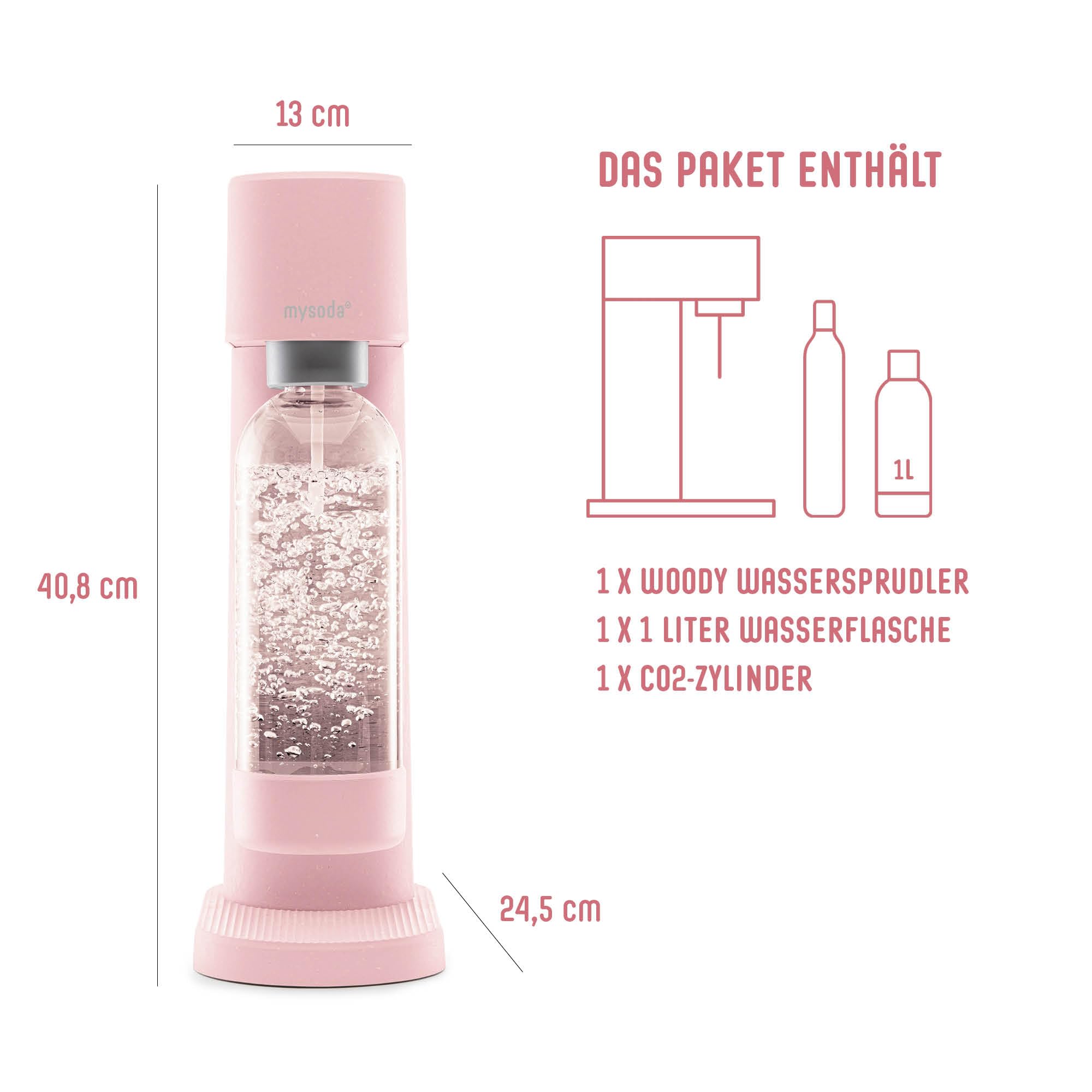 Mysoda: Woody zestaw saturatora z odnawialnego kompozytu drewnianego, z plastikową butelką Quick-Lock 1 l, bez BPA i cylindrem CO2, różowy