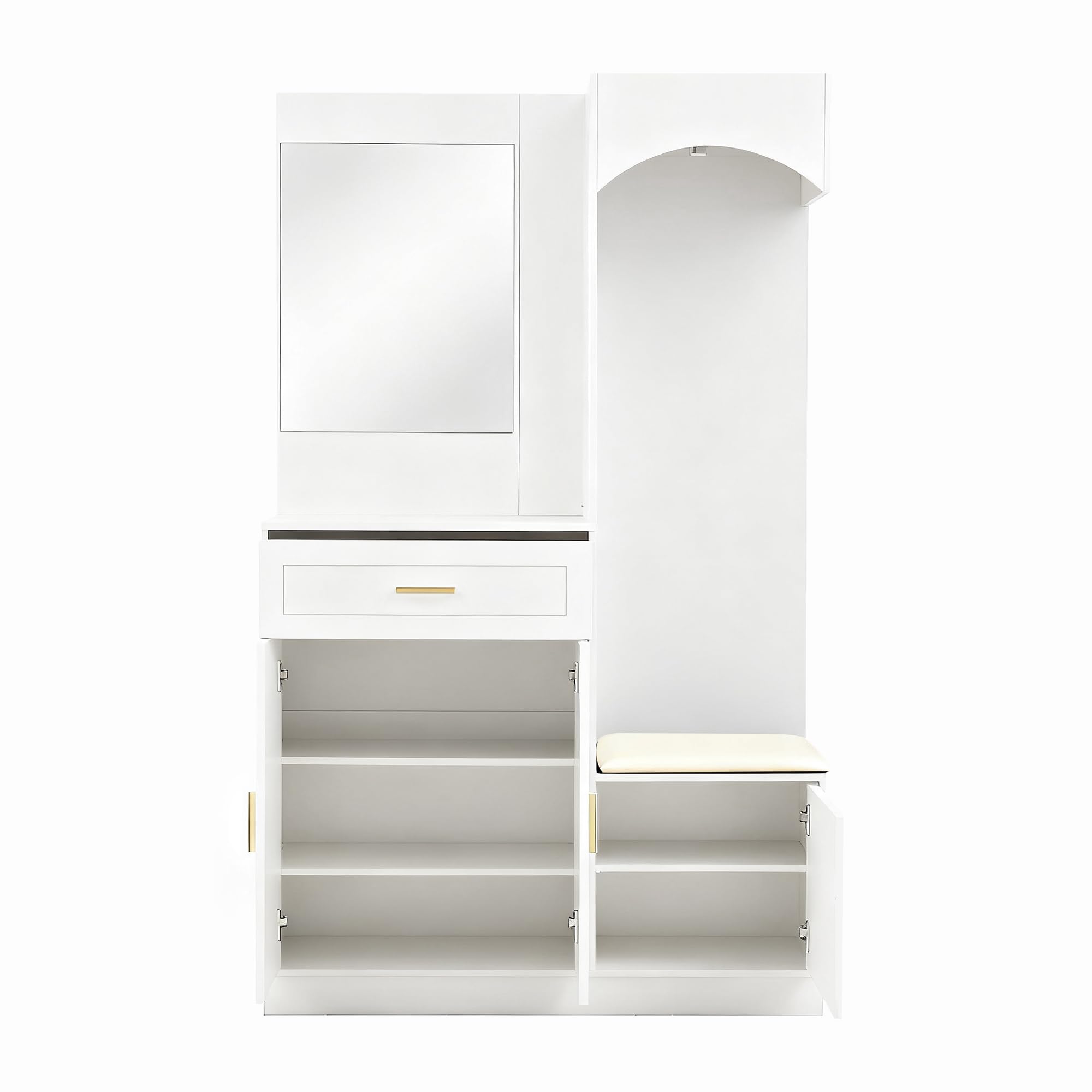 Bladez Armario compacto con espejo, zapatero y banco, perchero multifuncional con barra para colgar, color blanco