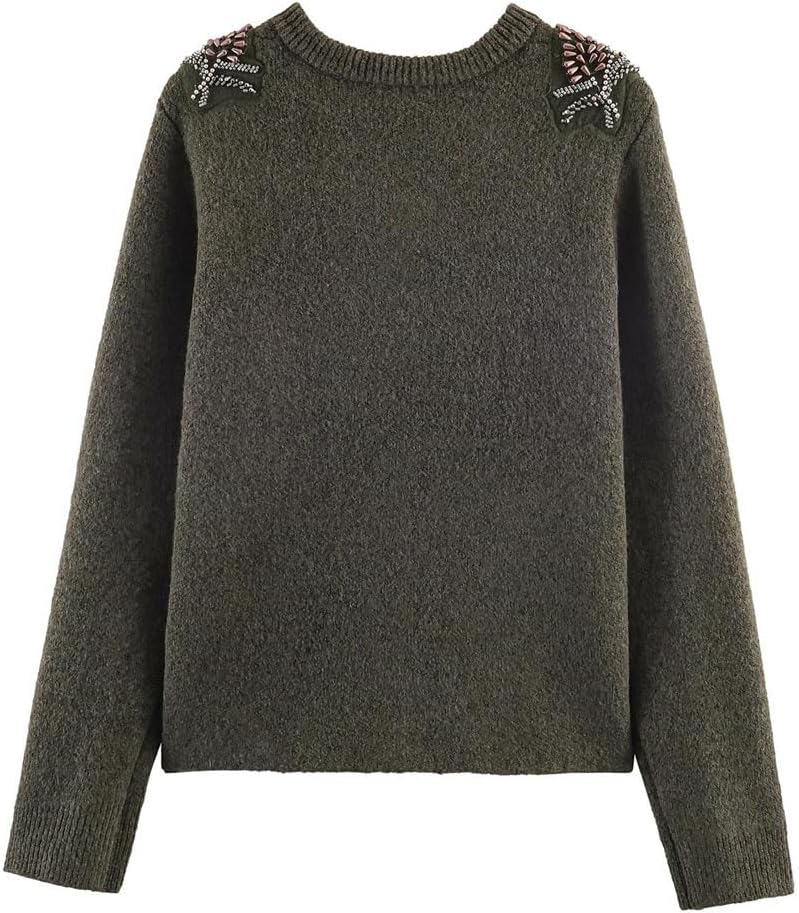 Women's Winter Round Neck Long Sleeve Beaded Knitted Cardigan Spring-Autumn Solid Color Casual Sweater Jacket