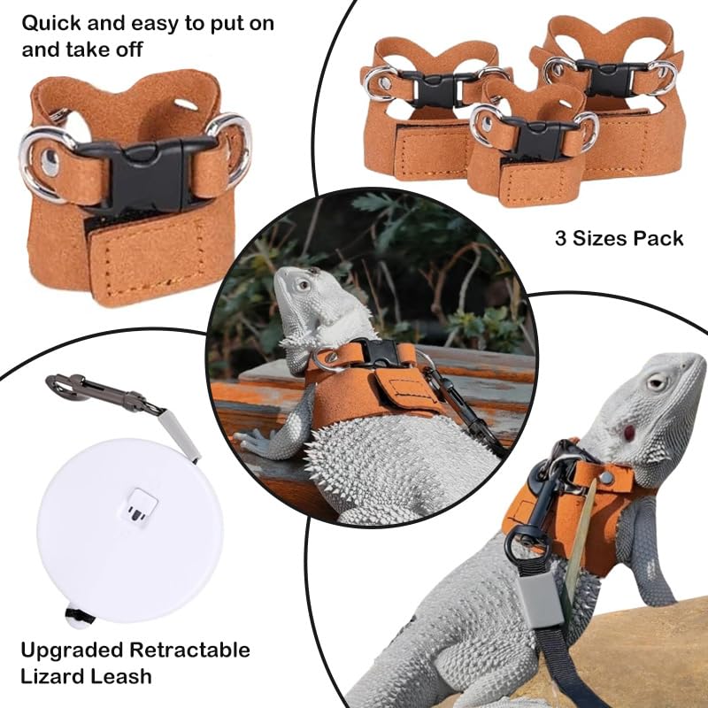 Image of Bearded Dragon Leash - 3 Sizes Pack Reptile Outing Adjustable Soft Leather Lizard Harness with Retractable Leash Small Animal Traction Rope Walking Vest Accessories for Bearded Dragon Leash(Camel)